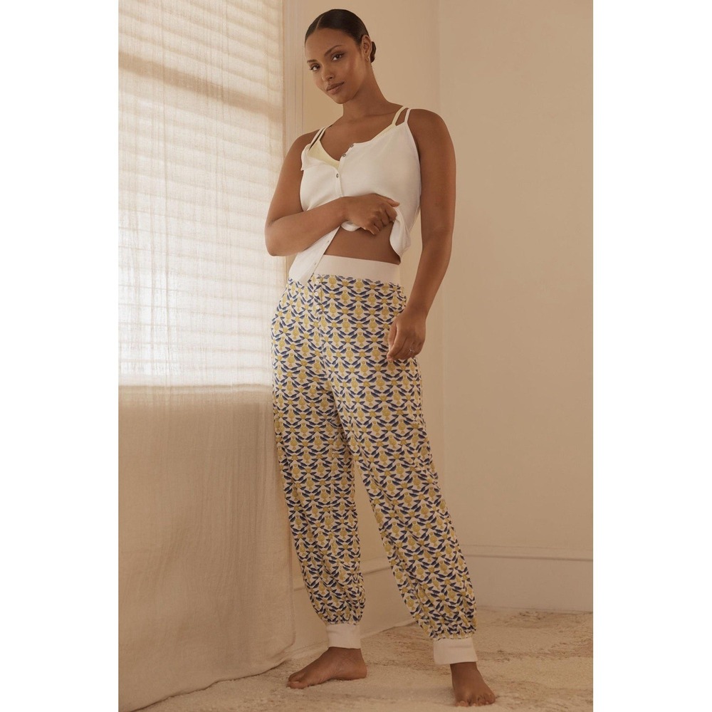 Anthropologie Waffle Knit Thermal Jogger Lounge Pajama Pants Yellow Blue Size M